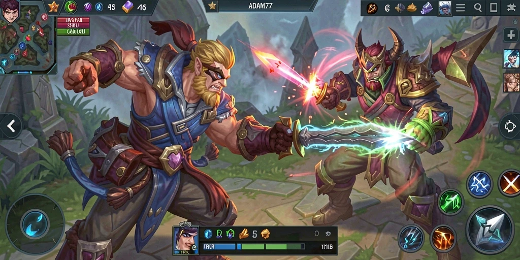 Screenshot gameplay ADAM77 yang menampilkan aksi pertarungan seru dalam MOBA.