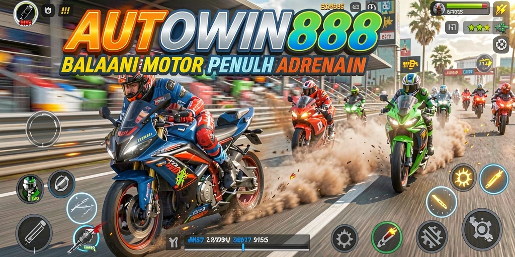 Tangkapan layar utama game AUTOWIN88 menampilkan balapan motor yang seru.