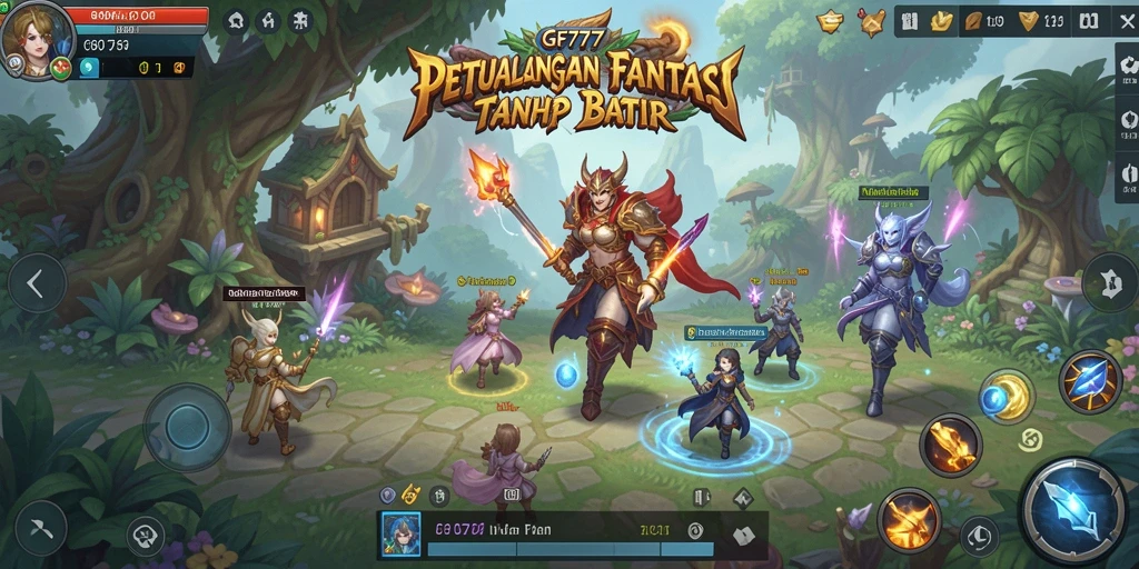 Screenshot gameplay GF777 menampilkan pertempuran epik antar karakter RPG.