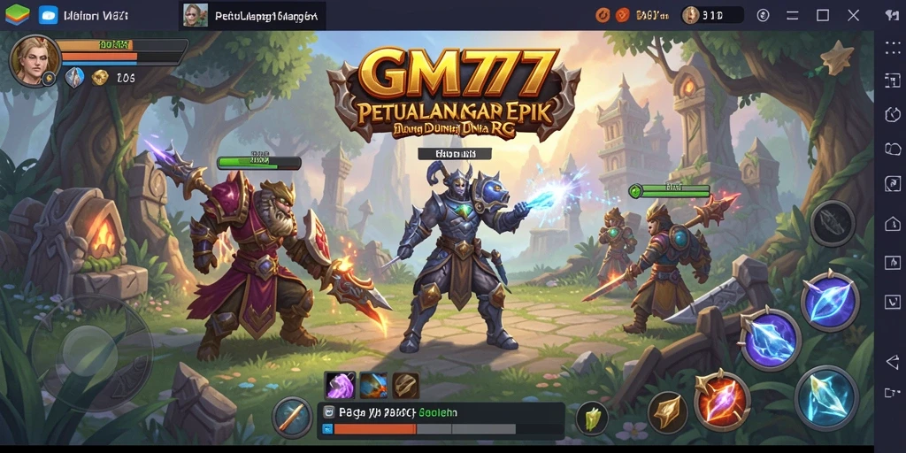 Screenshot gameplay GM777 yang menunjukkan pertarungan dan eksplorasi RPG.