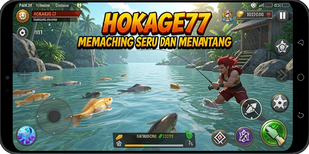 Screenshot HOKAGE77 menampilkan momen menangkap ikan di lokasi yang indah.