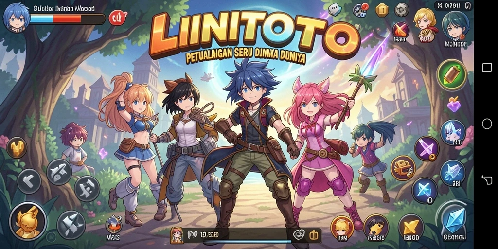 Tangkapan layar gameplay LINITOTO yang penuh warna dengan karakter anime.
