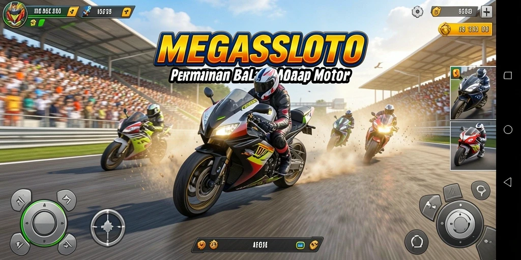 Tampilan seru dari gameplay MEGASLOTO dengan balapan motor yang intens.