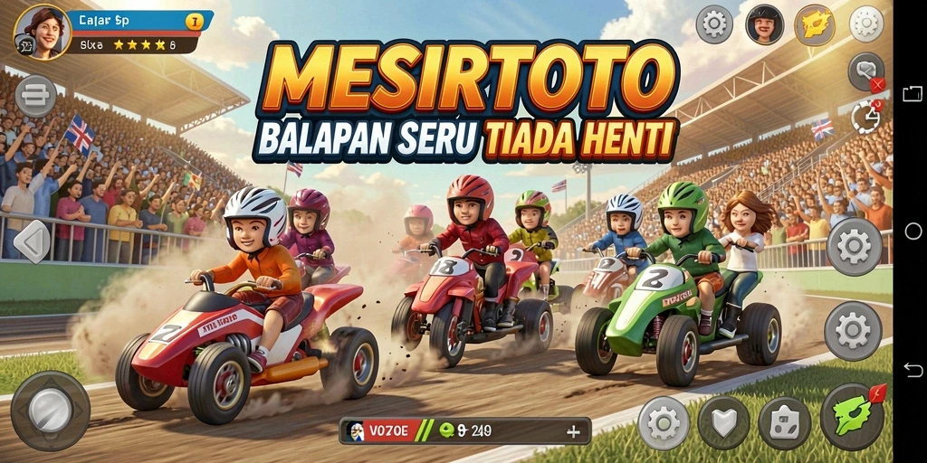 Tangkapan layar gameplay MESIRTOTO dengan mobil balap yang melaju kencang.
