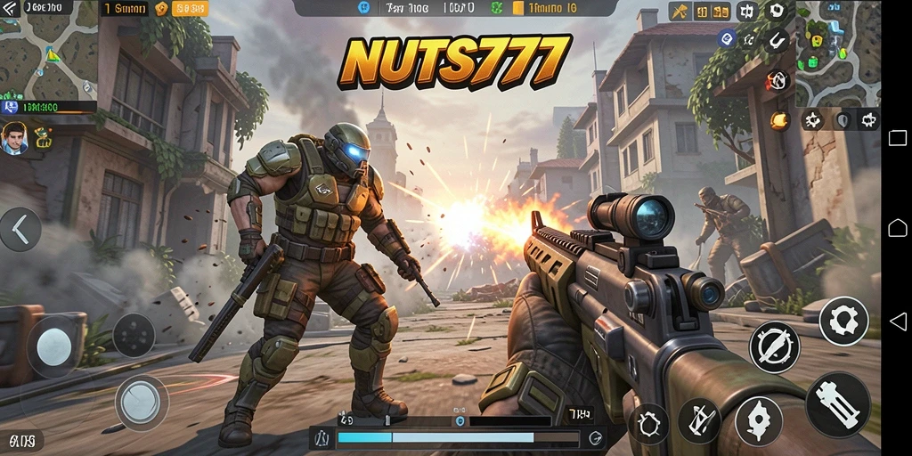Screenshot gameplay NUTS777 menampilkan aksi tembak-menembak seru.