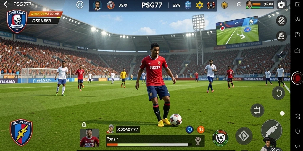 Screenshot utama PSG77 menampilkan aksi seru di lapangan sepak bola.