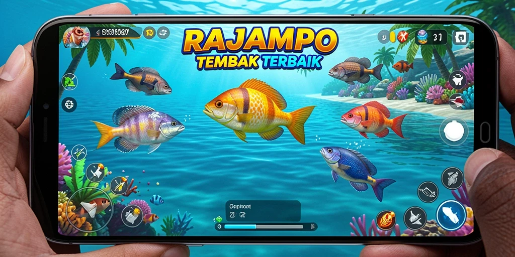 Tampilan gameplay RAJAMPO dengan aksi menembak ikan yang mendebarkan.