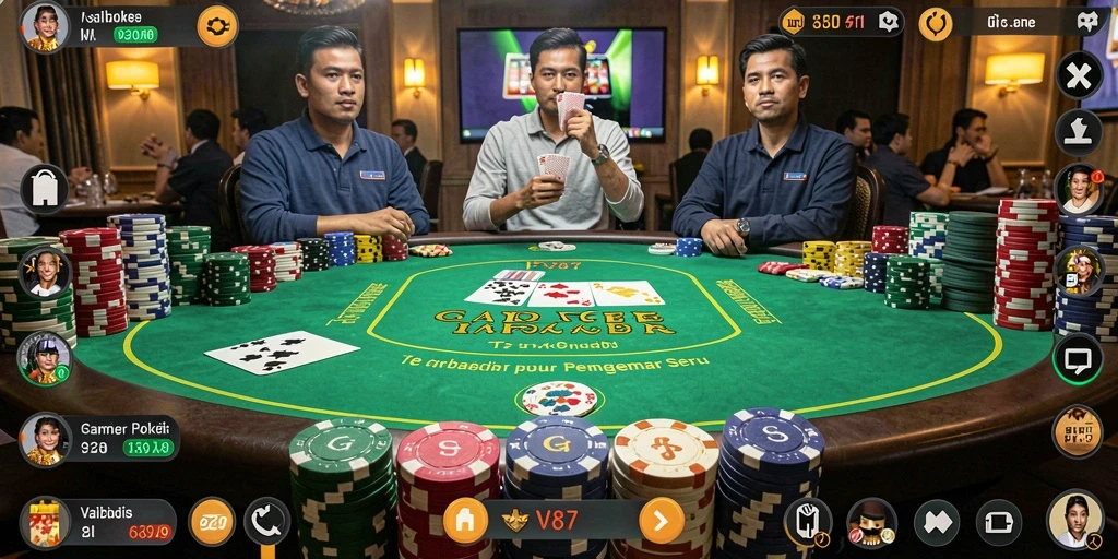 Screenshot V87 menunjukkan aksi seru permainan Poker yang mendebarkan.