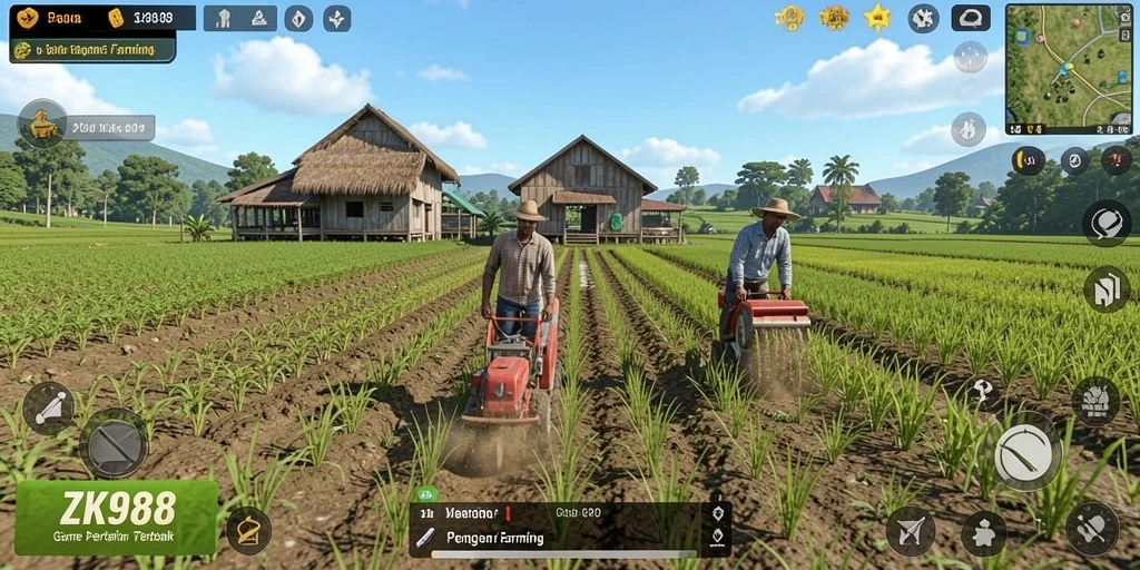 Tampilan gameplay ZK988 yang memukau dengan aktivitas pertanian yang beragam.